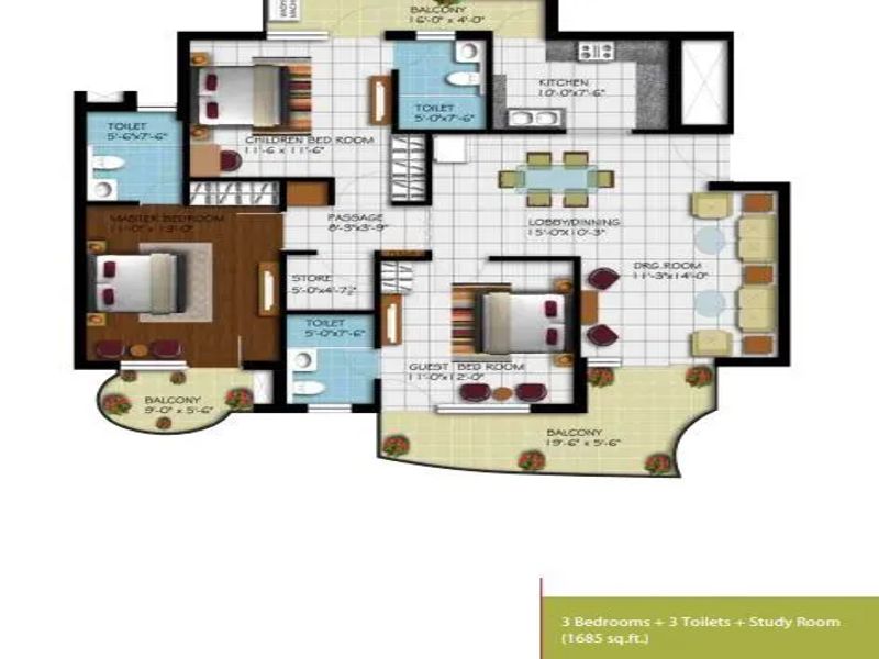 Escon Arena — 3 BHK Floor Plan thumbnail