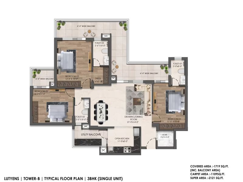 The Lutyens — 3 BHK Floor Plan thumbnail