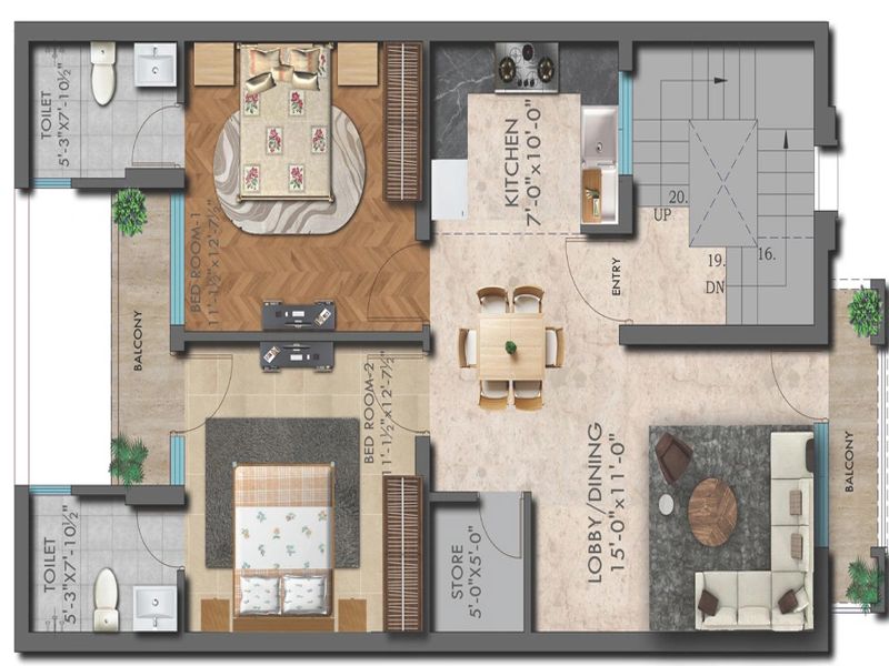 RISING GREENS — 2 BHK Floor Plan thumbnail